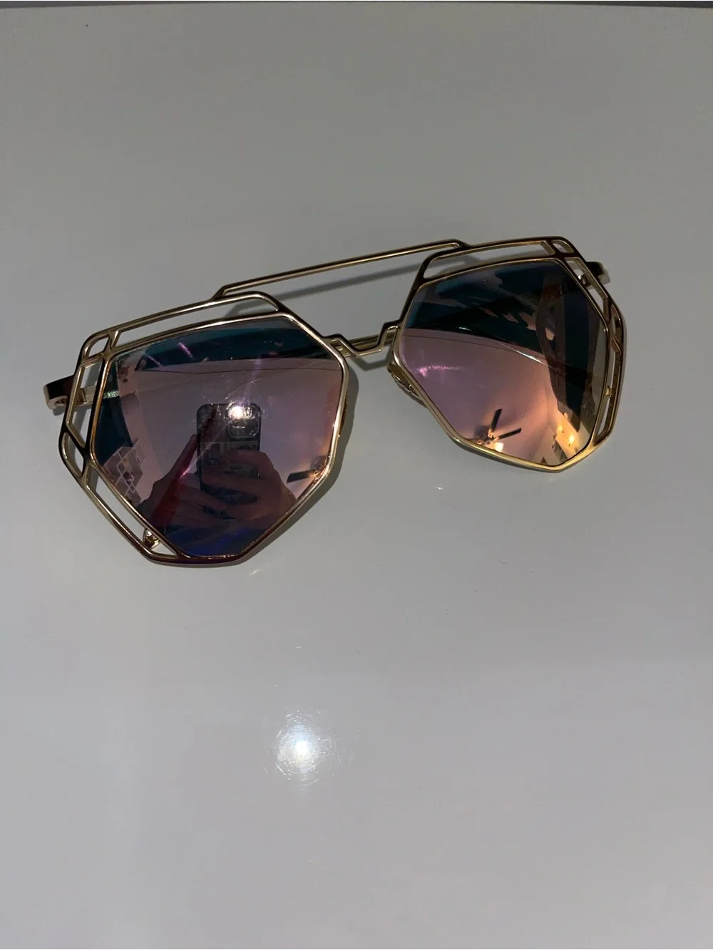 Geometric Gold-Frame Sunglasses with Pink Mirrored Lenses